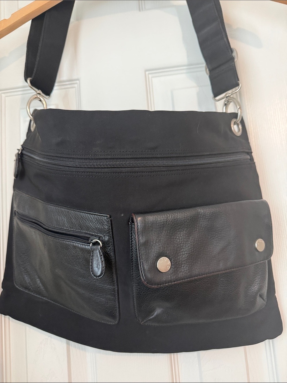 Black Messenger Crossbody Bag with Front Leather Pockets